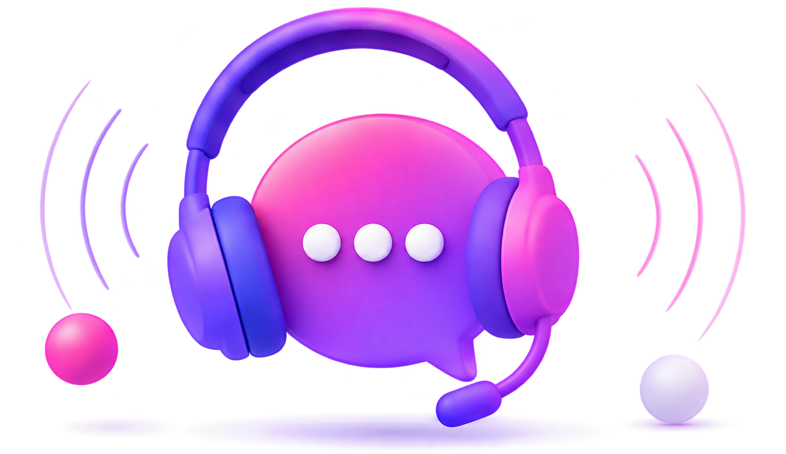 Ilustração de um balão de conversa com auscultadores em violeta e rosa